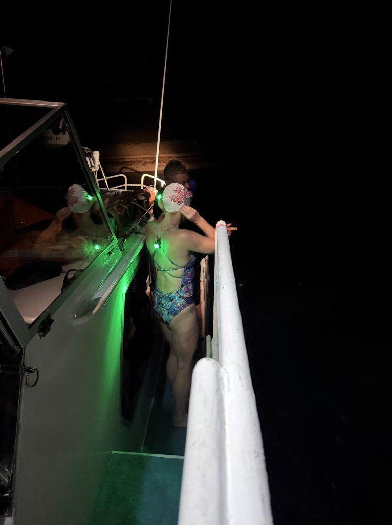 A person in a colorful swimsuit and swim cap stands on the edge of a boat at night, illuminated by green lights, gazing at the water.