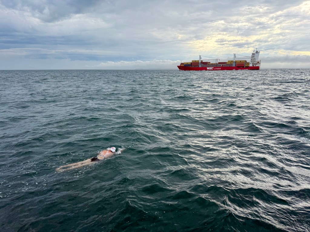 A swimmer in a cap and goggles glides through calm ocean waters, with a large container ship visible in the distance under a cloudy sky.