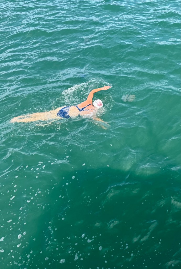 A swimmer in a blue swimsuit and white cap performing freestyle strokes in clear, turquoise water with visible bubbles and marine life below.