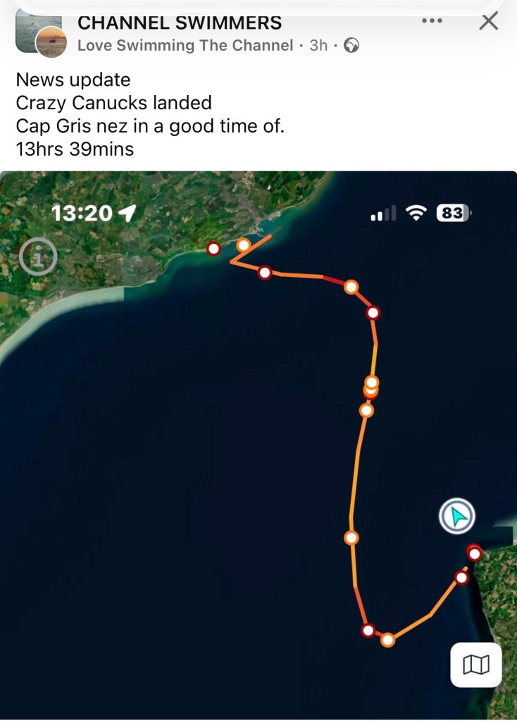 Map showing swimming route of 'Crazy Canucks' with a highlighted trail and time duration of 13 hours and 39 minutes.