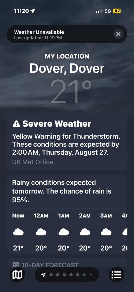 Weather forecast for Dover showing a temperature of 21°C and a severe thunderstorm warning for August 27. Rainy conditions expected tomorrow with a 95% chance of rain.